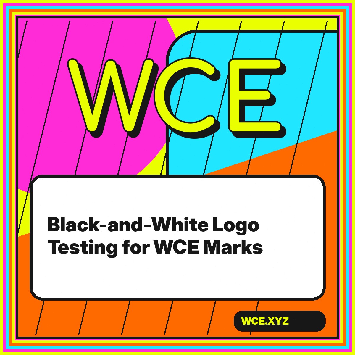 Black and white WCE logo test card with positive and reversed marks