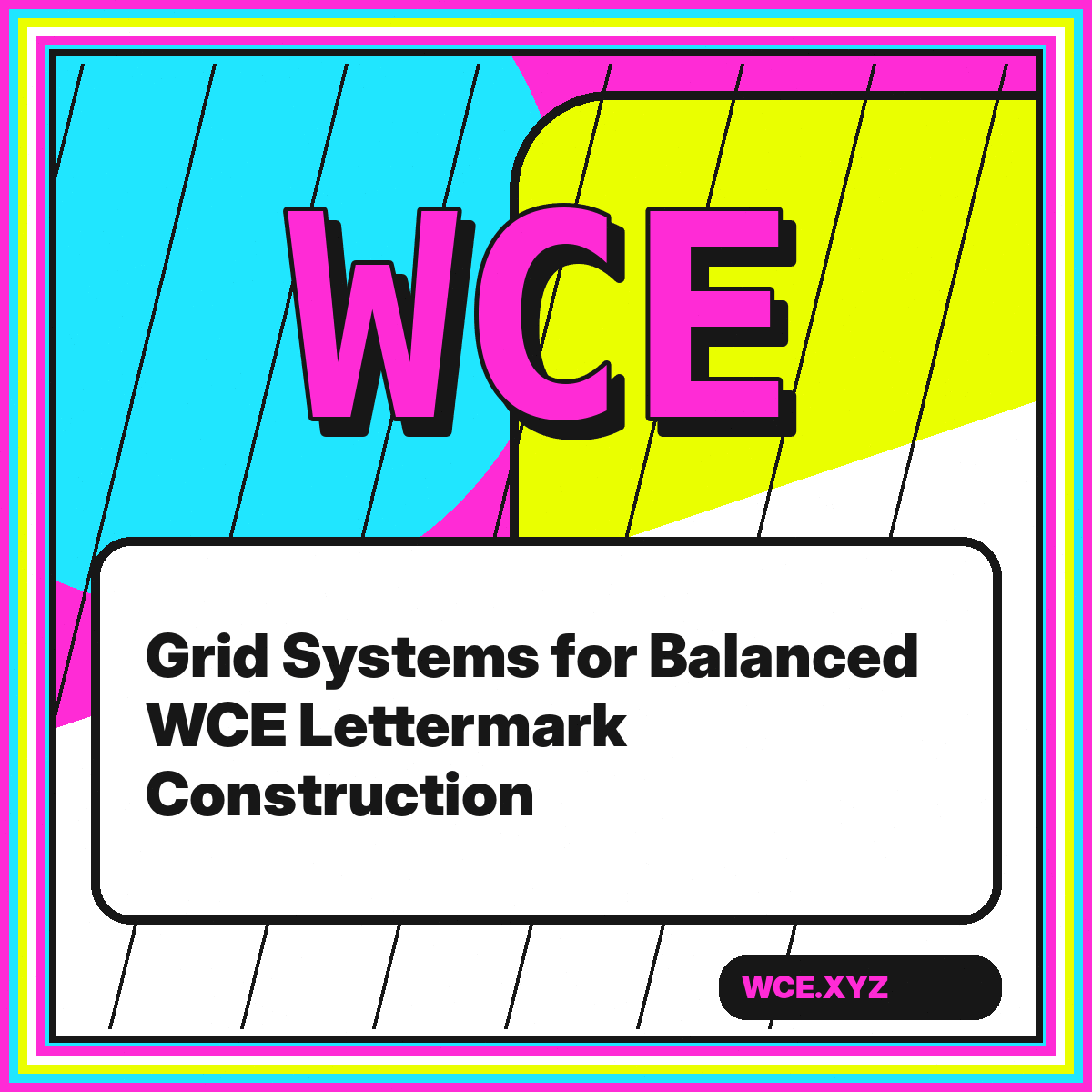 WCE lettermark over a bright modular construction grid