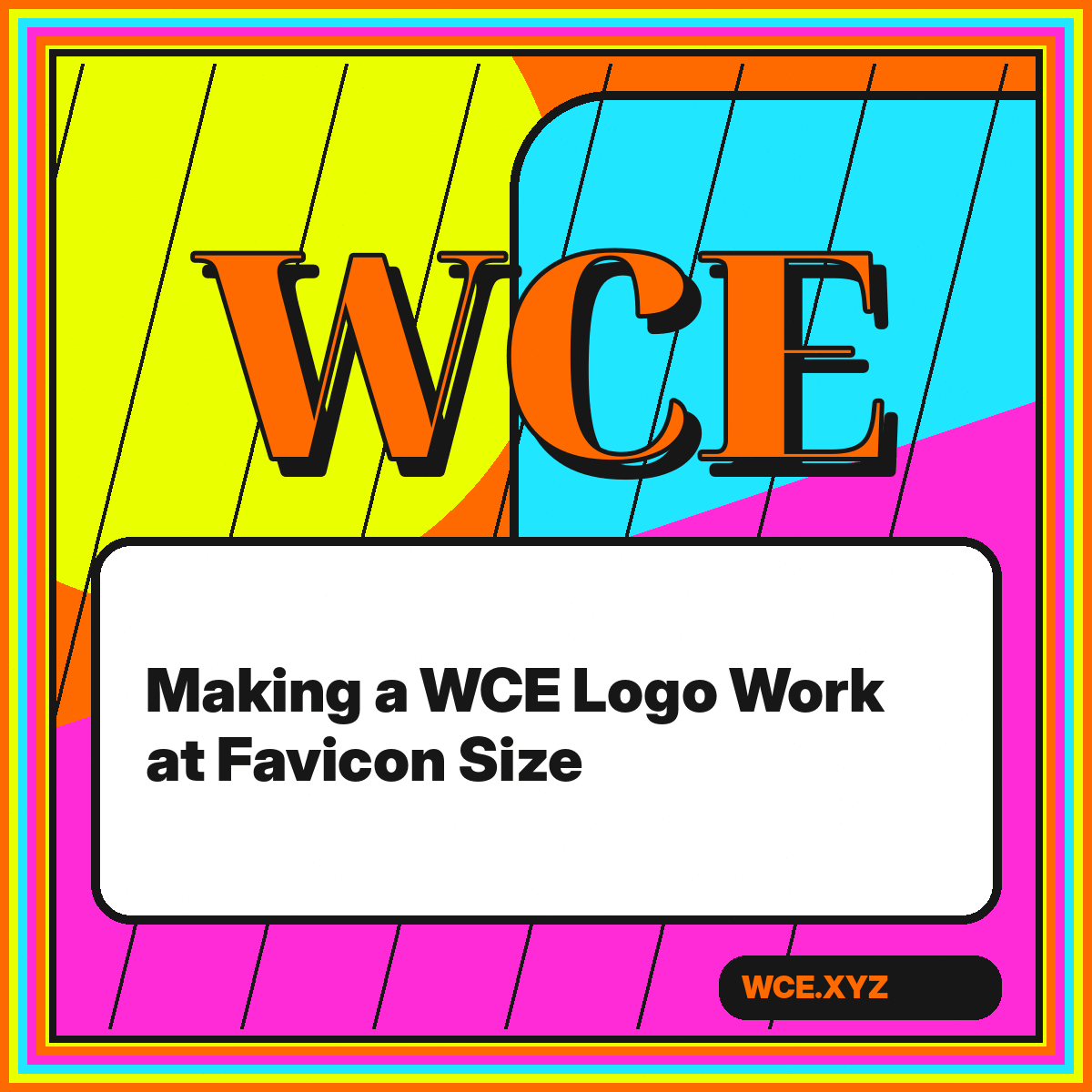 WCE micro logo shown at favicon sizes inside a neon browser tab card